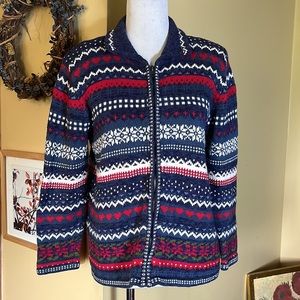 Vtg TIARA Size Small Graphic Knit Ski Winter Zip-Front Cardigan Ramie Cotton